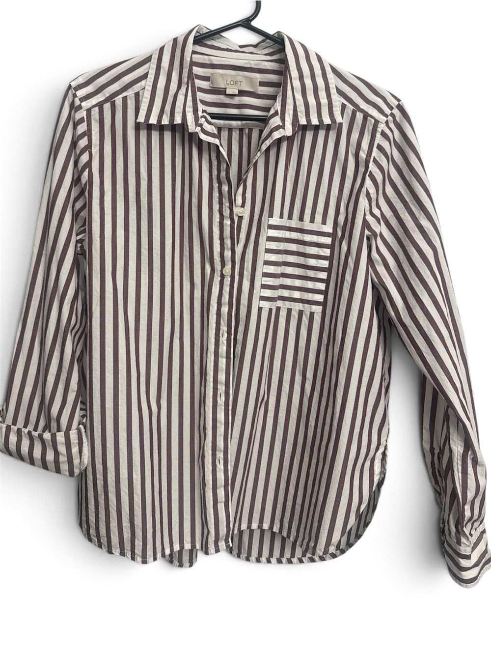 LOFT White and Burgundy Striped Button-Up Shirt